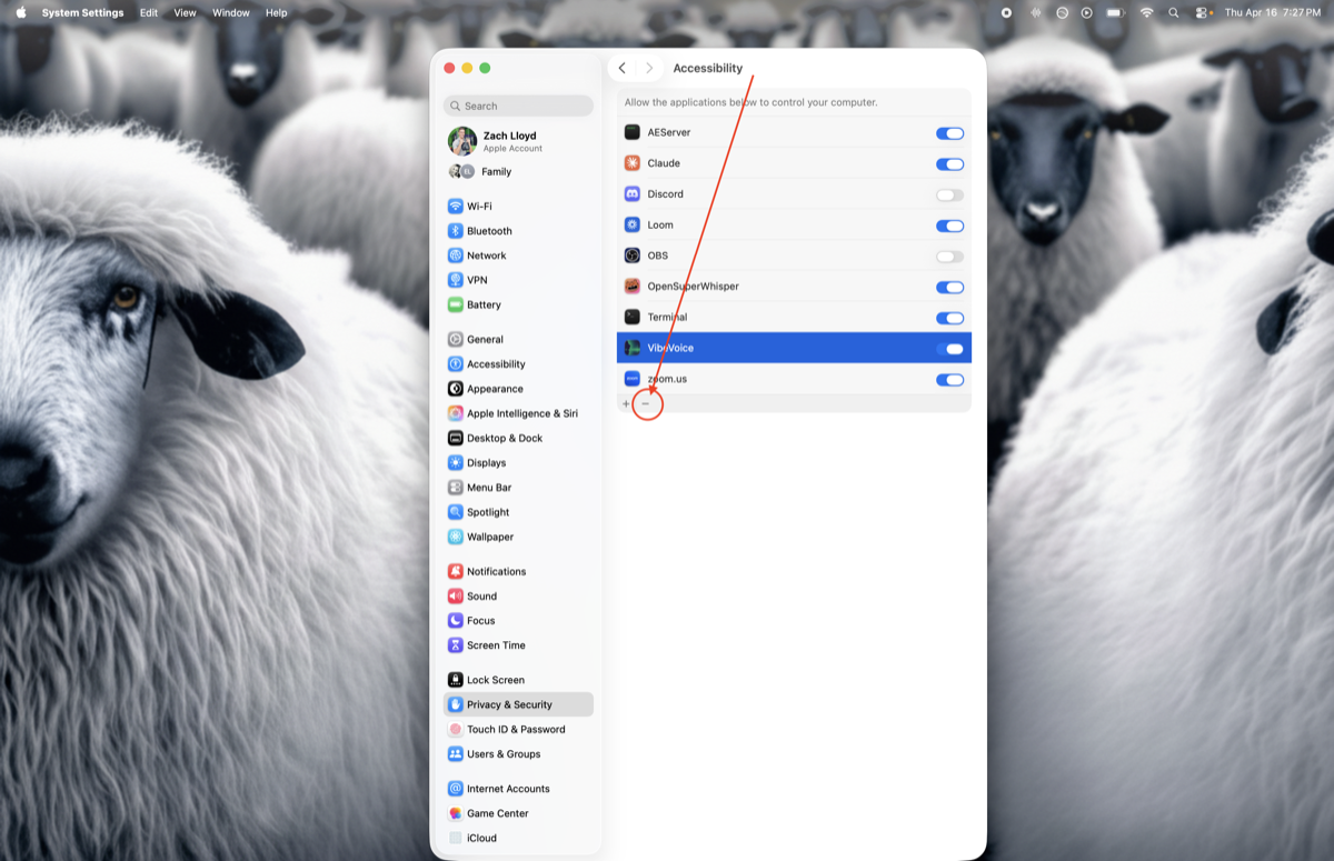 VibeVoice selected with the minus button highlighted at the bottom