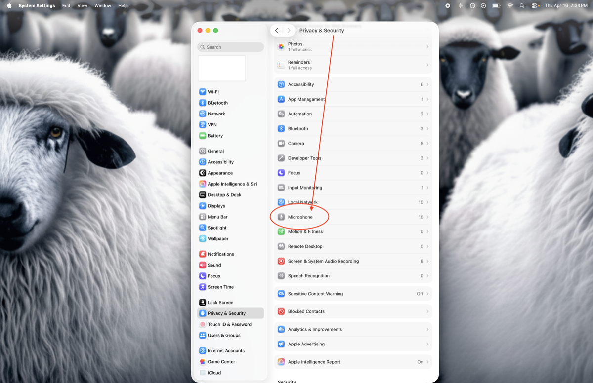 Microphone section of Privacy and Security settings