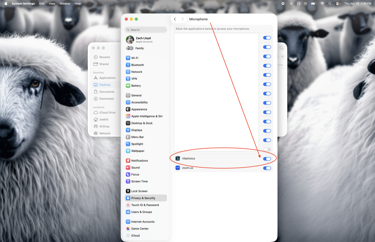 VibeVoice microphone toggle switched off